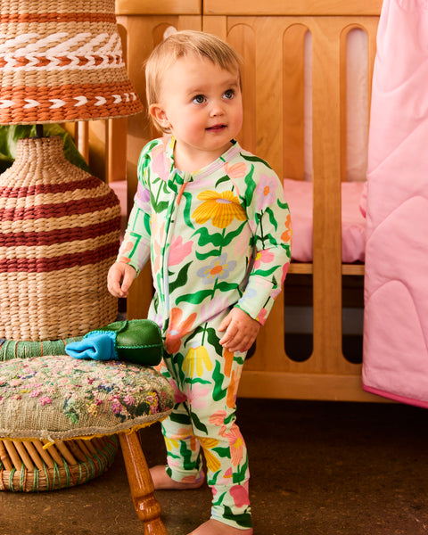 Kip & Co - Organic Long Sleeve Zip Romper / Popping Flowers Green