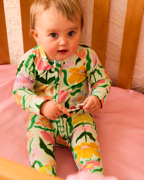 Kip & Co - Organic Long Sleeve Zip Romper / Popping Flowers Green