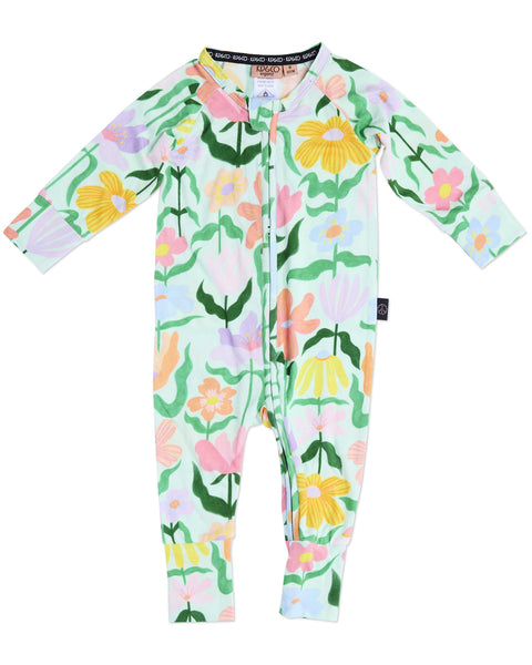 Kip & Co - Organic Long Sleeve Zip Romper / Popping Flowers Green