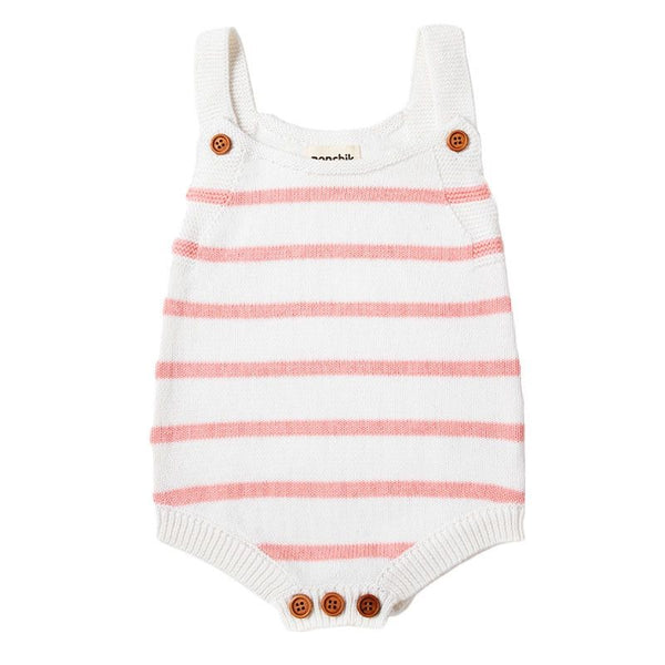 Ponchik Babies + Kids - Knit Stripe Romper with Bamboo Buttons / Dusty Pink+White