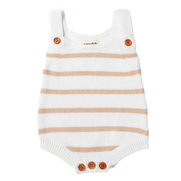 Ponchik Babies + Kids - Knit Stripe Romper with Bamboo Buttons / Wheat+White