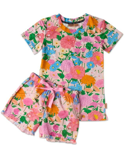 Kip & Co - Kids Organic Cotton Short Sleeve Tee & Frill Short Pyjama Set / Follow The Sun