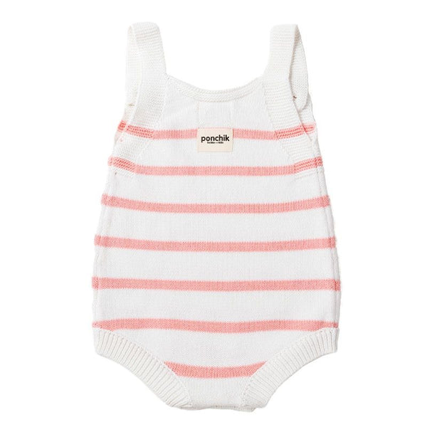 Ponchik Babies + Kids - Knit Stripe Romper with Bamboo Buttons / Dusty Pink+White