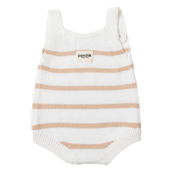Ponchik Babies + Kids - Knit Stripe Romper with Bamboo Buttons / Wheat+White