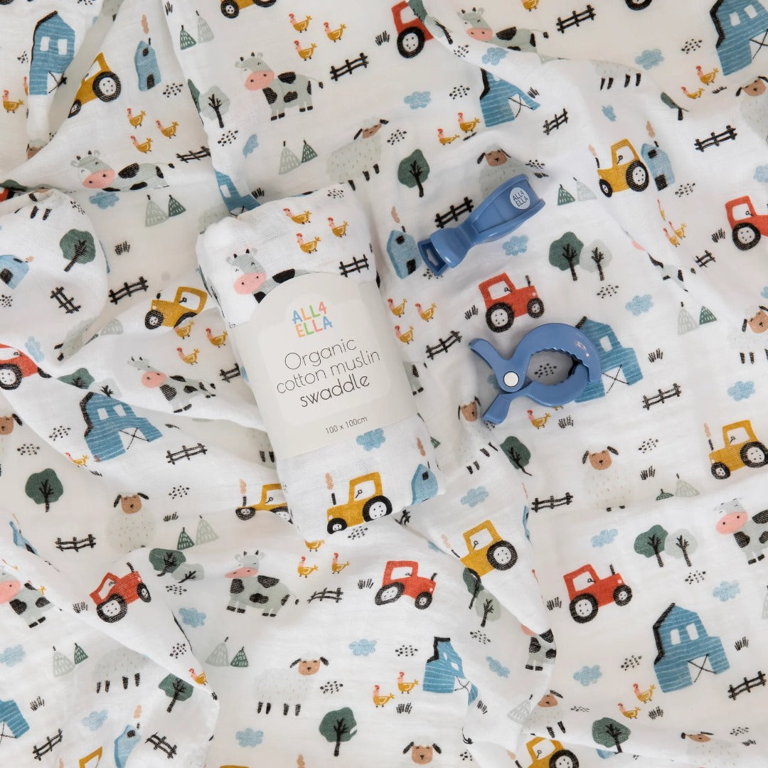 All4Ella - Organic Swaddle & 2 Pram Peg Gift Set