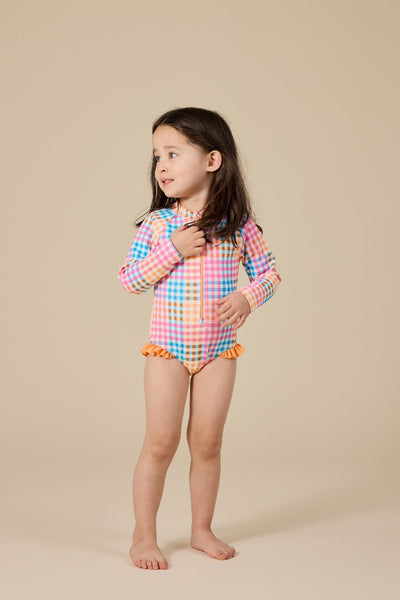 Goldie & Ace - Rainbow Gingham Long Sleeve Frill Swimsuit
