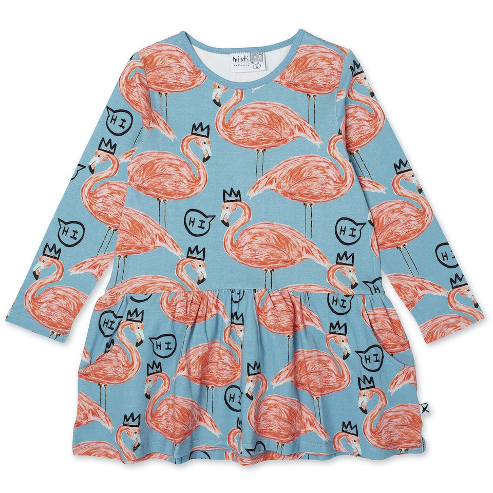 Minti - Friendly Flamingos Dress / Denim Blue