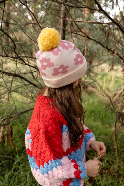 Acorn-Flower Power Merino Beanie/Pink