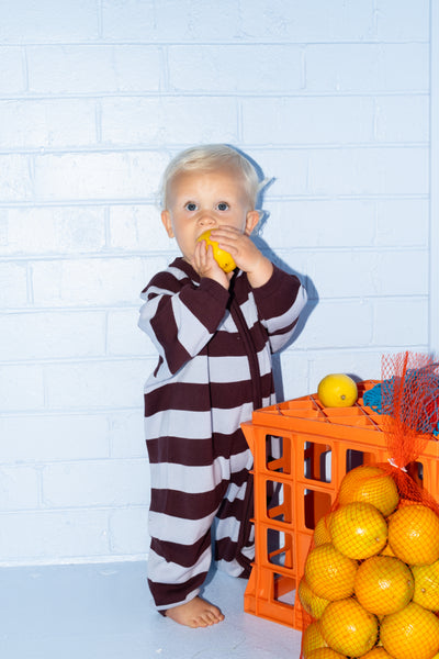 Grown Clothing - Organic Stripe Zipper Knit Starsuit / Plum & Haze