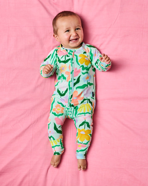 Kip & Co - Organic Long Sleeve Zip Romper / Popping Flowers Green