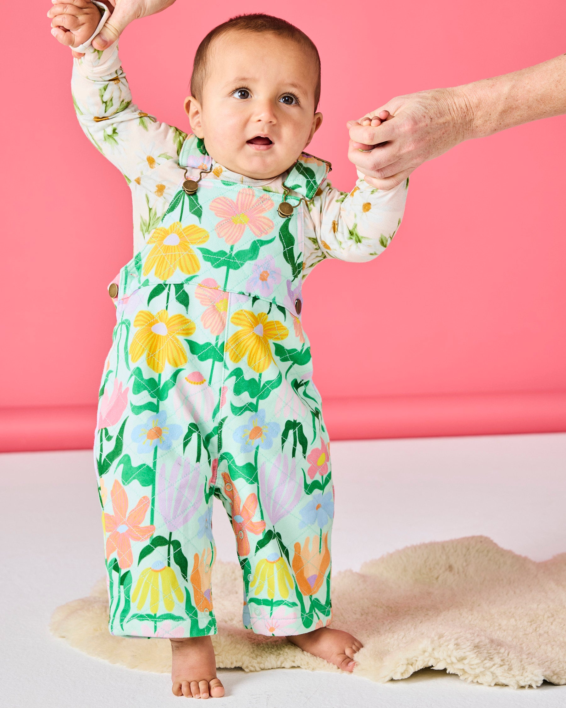 Kip & Co - Organic Cotton Quilted Fleece Overalls / Popping Flowers Green
