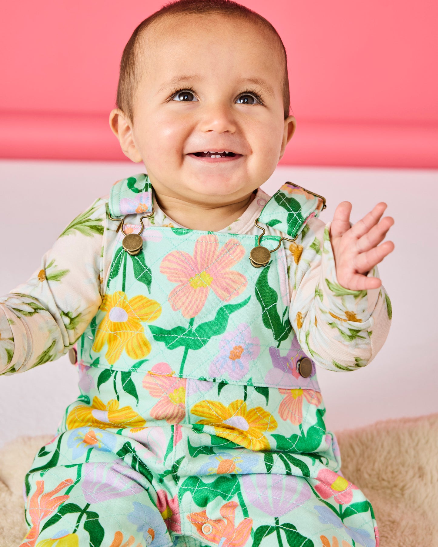 Kip & Co - Organic Cotton Quilted Fleece Overalls / Popping Flowers Green