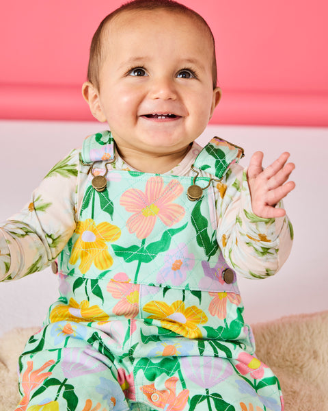 Kip & Co - Organic Cotton Quilted Fleece Overalls / Popping Flowers Green