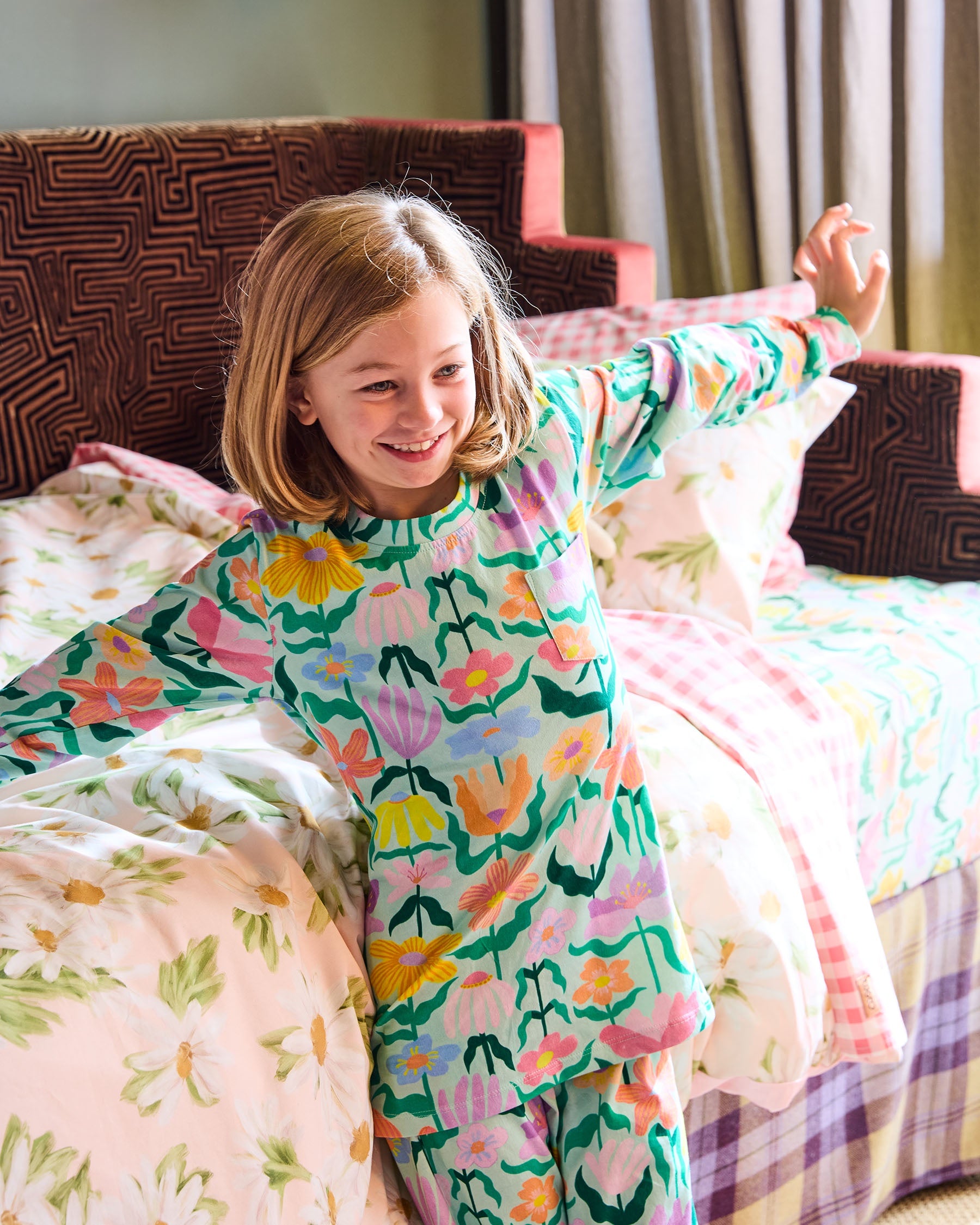 Kip & Co - Kids Organic Cotton Long Sleeve Top & Pant Pyjama Set / Popping Flowers Green