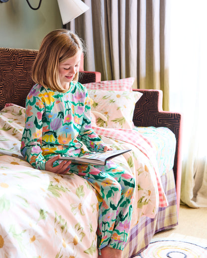Kip & Co - Kids Organic Cotton Long Sleeve Top & Pant Pyjama Set / Popping Flowers Green