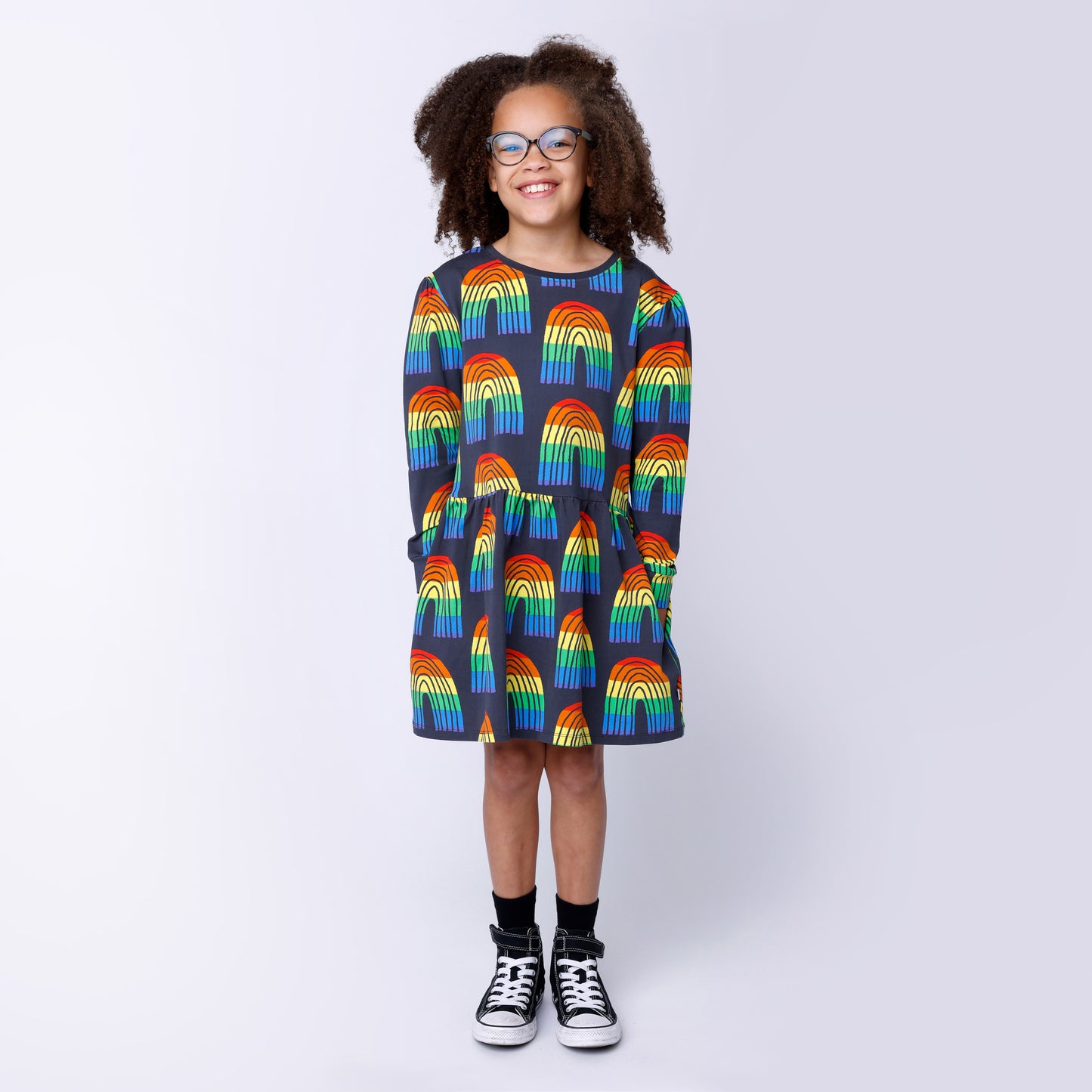 Minti - Stripey Rainbow Dress / Dark Grey