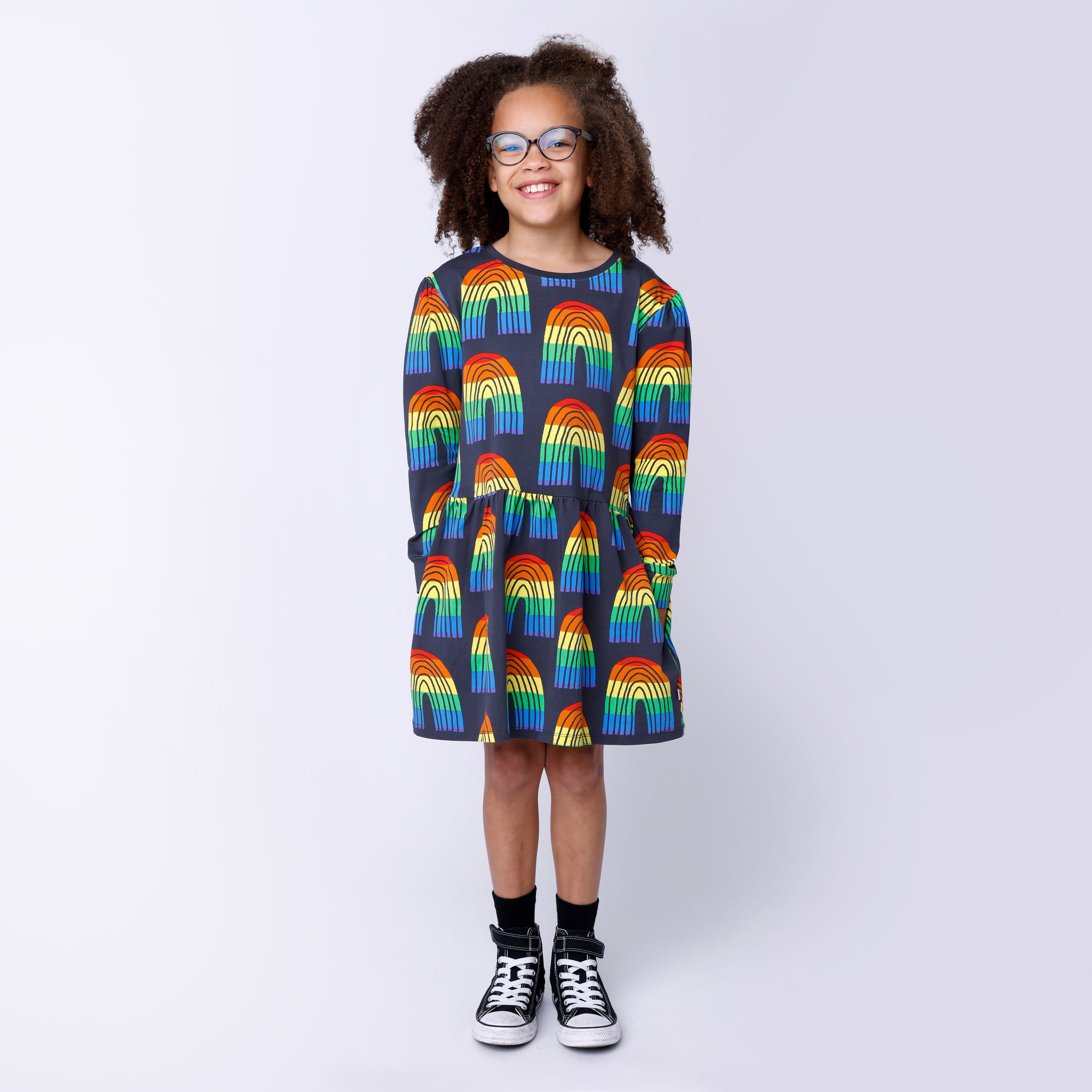 Minti - Stripey Rainbow Dress / Dark Grey