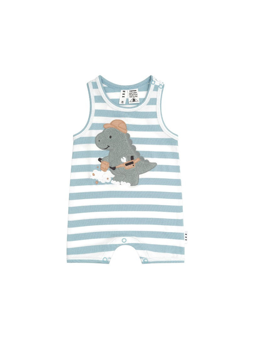 Huxbaby - Construction Dino Stripe Sleeveless Romper / Marine Blue + Almond Milk