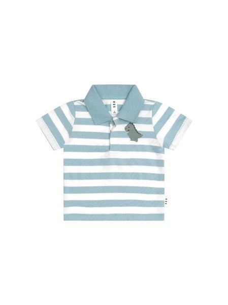 Huxbaby - T-Rex Stripe Polo T-Shirt / Marine Blue + Almond Milk