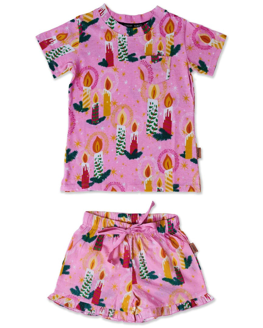 Kip & Co - Organic Cotton Short Sleeve Tee & Frill Short  Pyjama Set / Candlelight