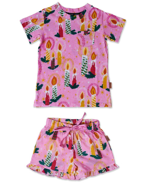 Kip & Co - Organic Cotton Short Sleeve Tee & Frill Short  Pyjama Set / Candlelight