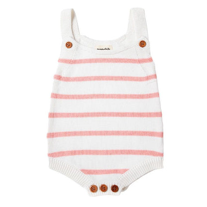 Ponchik Babies + Kids - Knit Stripe Romper with Bamboo Buttons / Dusty Pink+White
