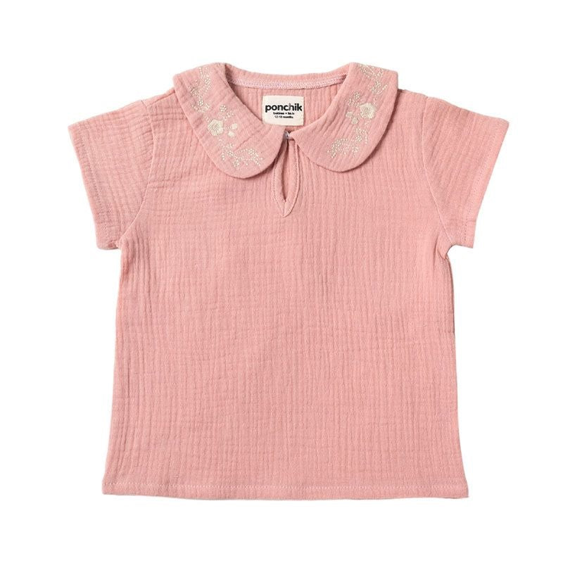 Ponchik Babies + Kids - Peter Pan Floral Embroidery Collar Top with Keyhole / Baby Pink Muslin