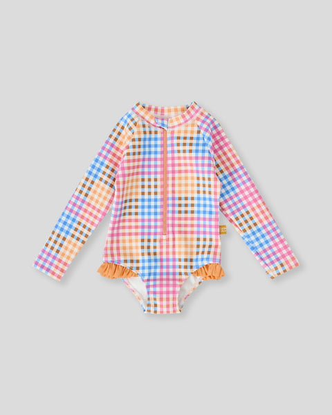 Goldie & Ace - Rainbow Gingham Long Sleeve Frill Swimsuit