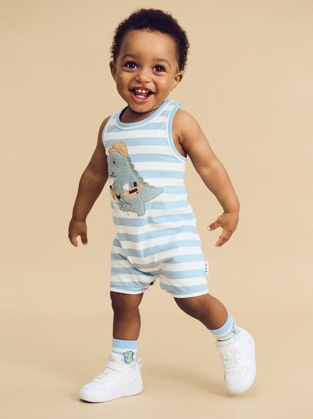 Huxbaby - Construction Dino Stripe Sleeveless Romper / Marine Blue + Almond Milk