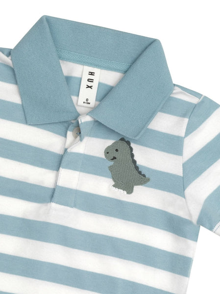 Huxbaby - T-Rex Stripe Polo T-Shirt / Marine Blue + Almond Milk