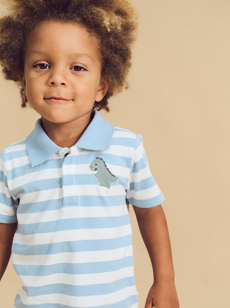 Huxbaby - T-Rex Stripe Polo T-Shirt / Marine Blue + Almond Milk