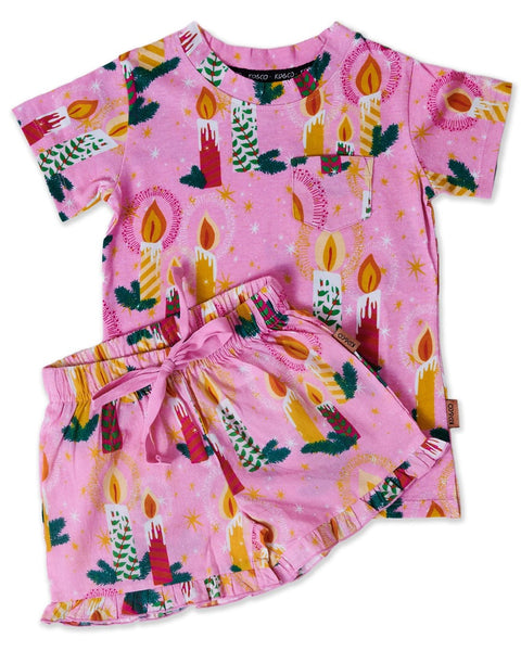 Kip & Co - Organic Cotton Short Sleeve Tee & Frill Short  Pyjama Set / Candlelight