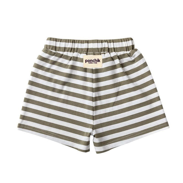 Ponchik Babies + Kids - Boxey Cotton Shorts with Elastic Waist + Contrast Drawstring / Seaweed Stripe