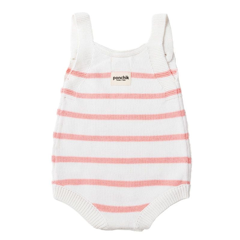 Ponchik Babies + Kids - Knit Stripe Romper with Bamboo Buttons / Dusty Pink+White
