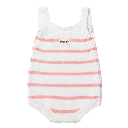 Ponchik Babies + Kids - Knit Stripe Romper with Bamboo Buttons / Dusty Pink+White