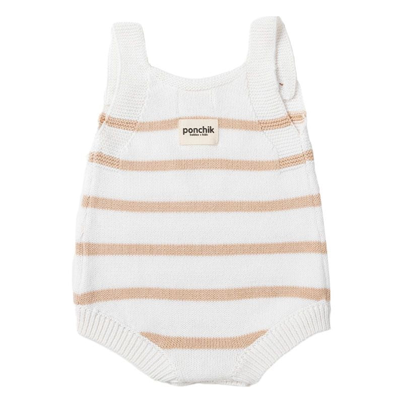 Ponchik Babies + Kids - Knit Stripe Romper with Bamboo Buttons / Wheat+White