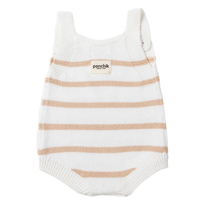Ponchik Babies + Kids - Knit Stripe Romper with Bamboo Buttons / Wheat+White