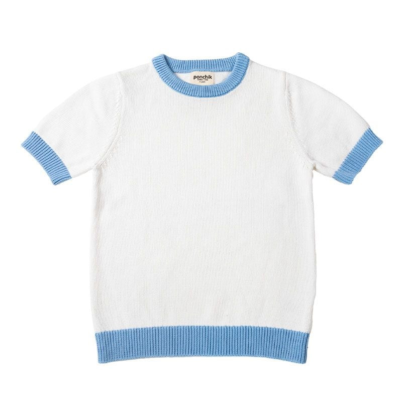 Ponchik Babies + Kids - Knit TShirt with Contrast Rib / White+Baby Blue Trim