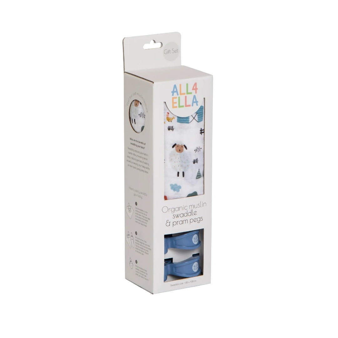 All4Ella - Organic Swaddle & 2 Pram Peg Gift Set