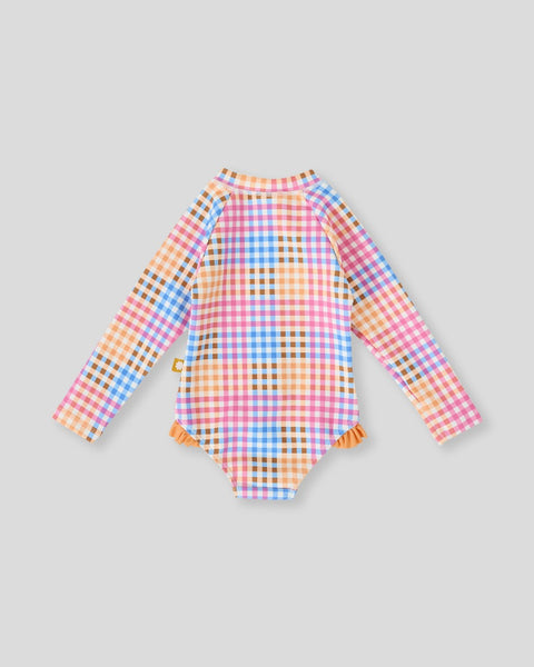 Goldie & Ace - Rainbow Gingham Long Sleeve Frill Swimsuit