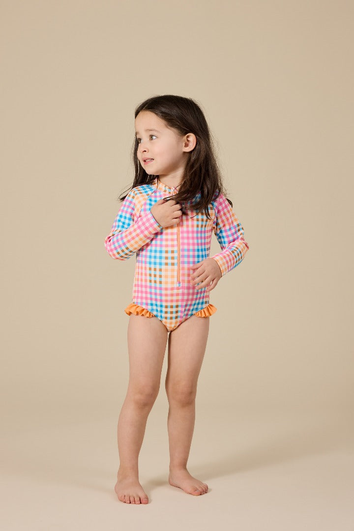 Goldie & Ace - Rainbow Gingham Long Sleeve Frill Swimsuit