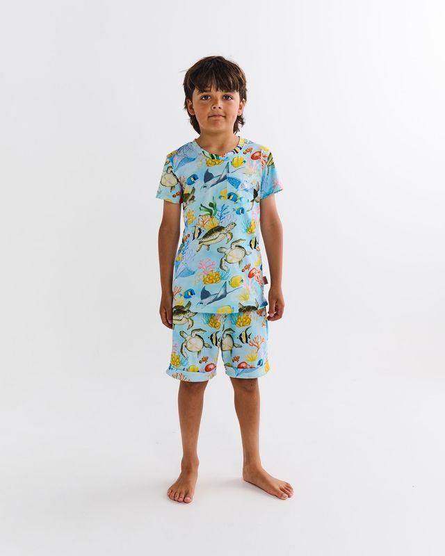 Kip & Co - Kids Organic Cotton Short Sleeve Tee & Short  Pyjama Set / Reef Life