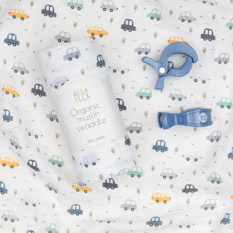 All4Ella - Organic Swaddle & 2 Pram Peg Gift Set