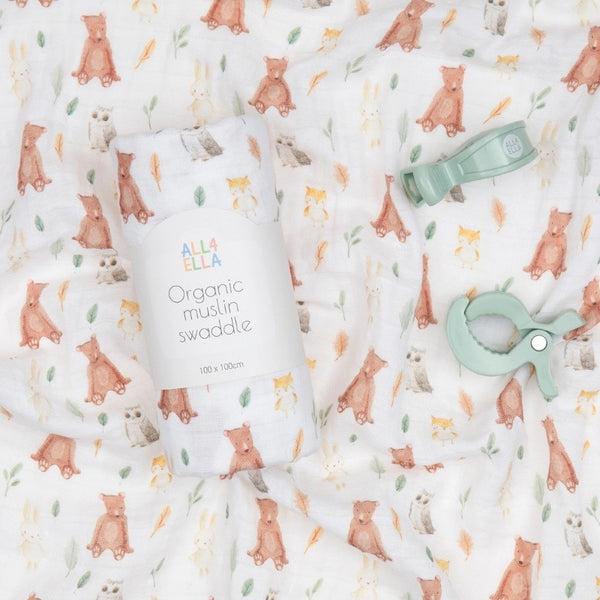 All4Ella - Organic Swaddle & 2 Pram Peg Gift Set