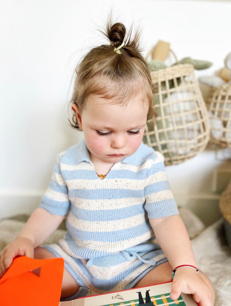 ponchik babies + kids - cotton knit  polo / ocean speckle stripe