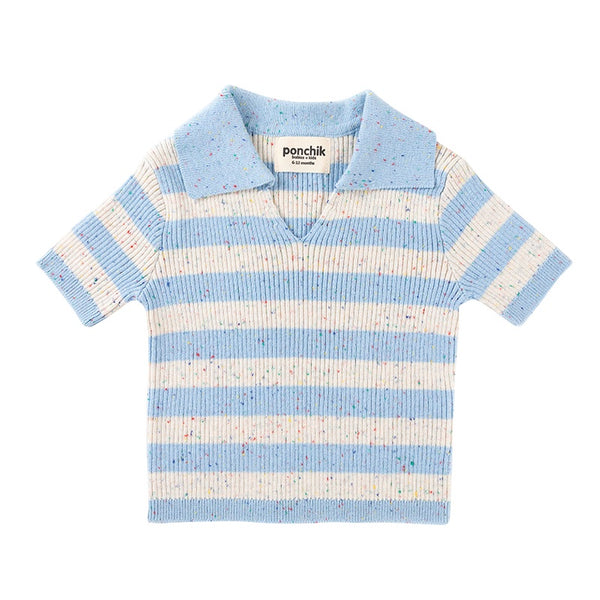 ponchik babies + kids - cotton knit  polo / ocean speckle stripe