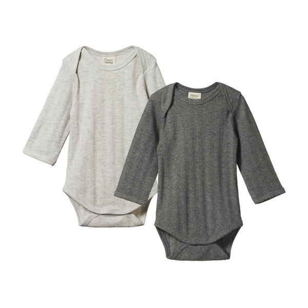 Nature Baby - 2 Pack Derby Long Sleeve Bodysuits / Light Grey Marl - Charcoal Marl